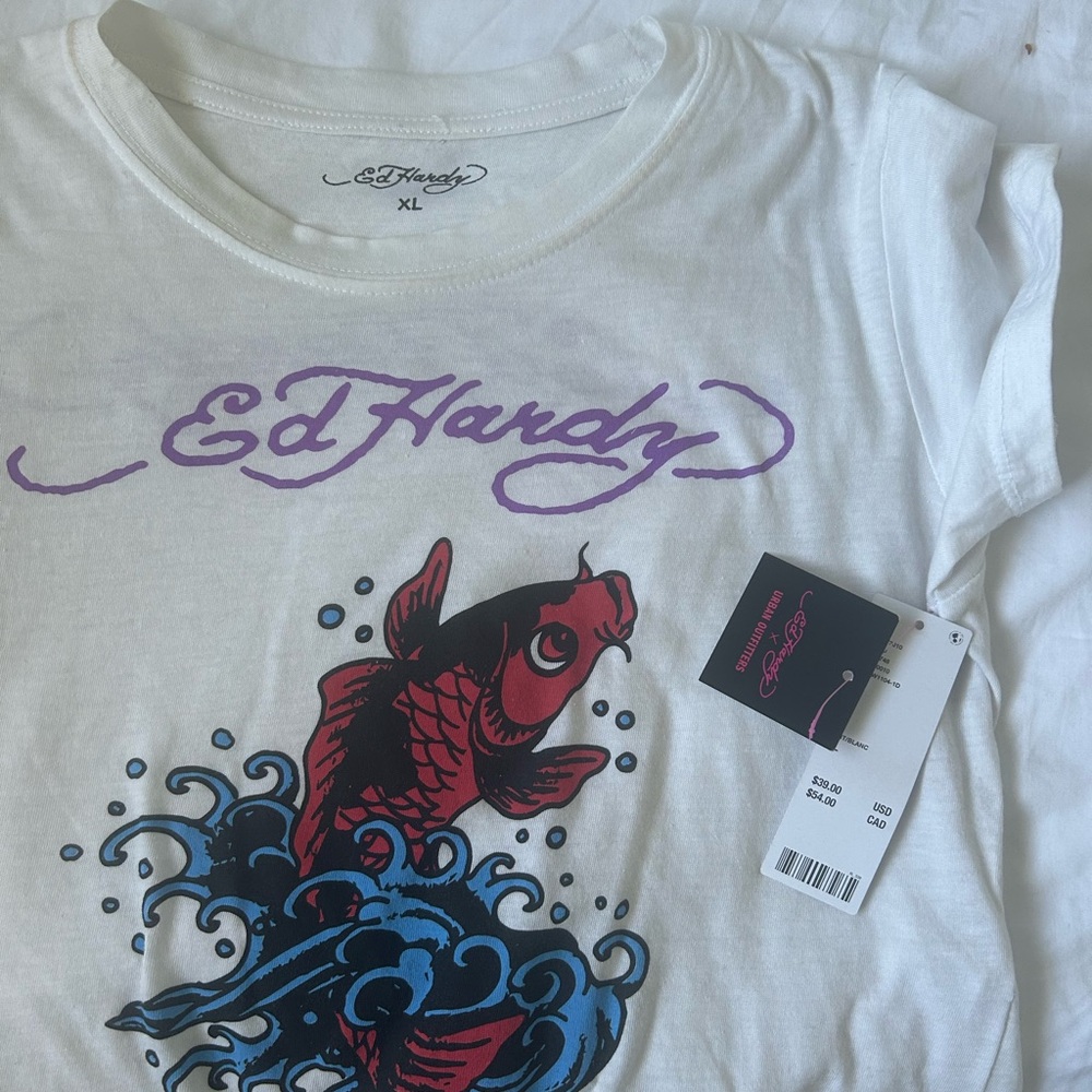 Ed Hardy White Tee with Red Fish and Blue Waves